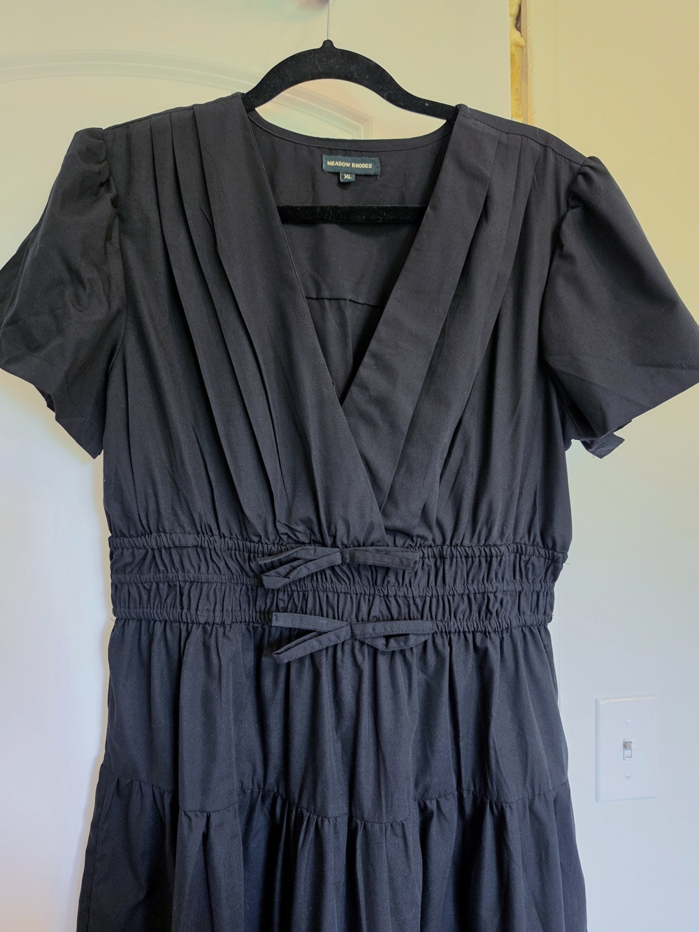 Black Meadow Rue Smocked Waist V-Neck Bow Maxi Dress